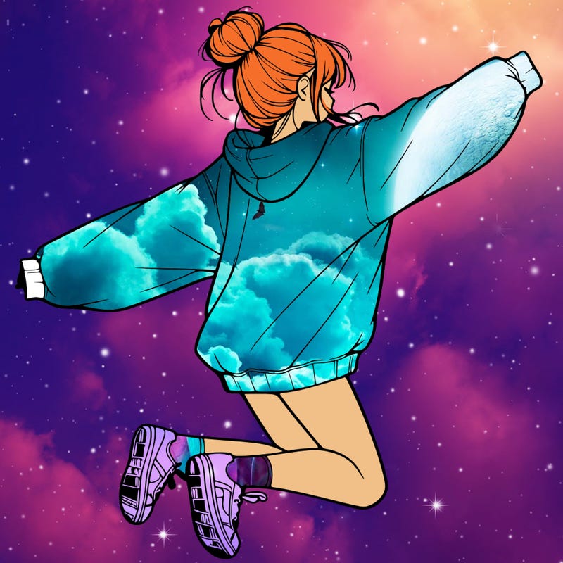 realistic girl jumping with a bun and oversized sweatshirt