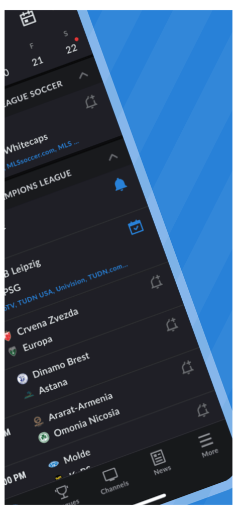 Live Soccer TV: Scores & Stats - スマートフォン画面にLive Soccer TVアプリのスケジュールが表示され、サッカーの試合日程と米国のテレビチャンネルが示されています。