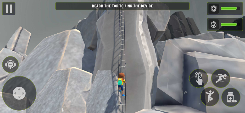 Peak Climb Escape Journey Game - A character climbing a long ladder on a snowy mountain cliff in Peak Climb Escape Journey