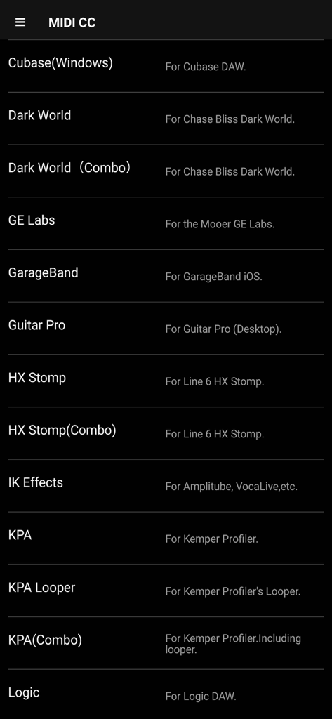 Screenshot dell'app AIRSTEP che visualizza un elenco di preset MIDI CC per vari hardware e software musicali come Kemper e Logic.