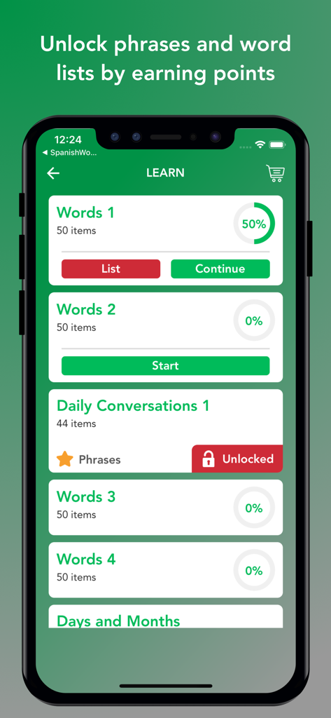 Tobo: Learn Italian Vocabulary - Smartphone screen of Tobo app displaying Italian vocabulary levels and progress bars.