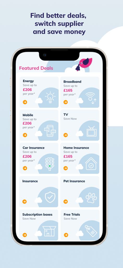 Little Birdie - Little Birdie mobile app screen displaying featured deals and potential annual savings for bills and subscriptions.