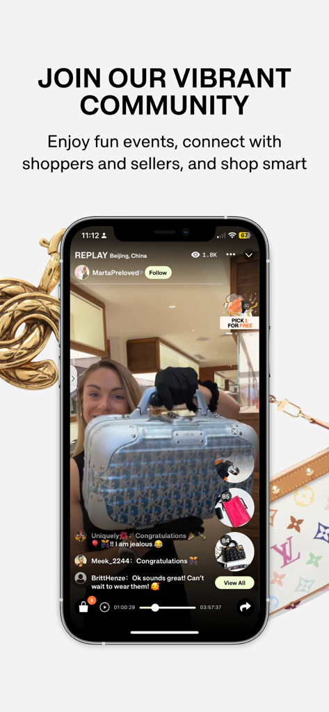 ShopShops: Designer Deals Live - A woman hosting a live shopping stream on the ShopShops app showing a Dior designer suitcase to a community of viewers