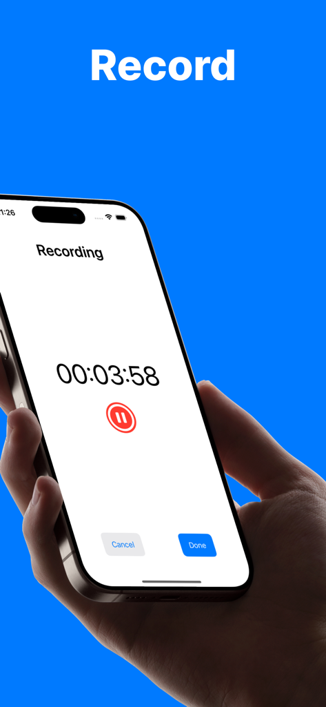 AI Note Taker Lecture Recorder - Smartphone screen displaying the recording interface of the VocaNote app with a timer and pause button.