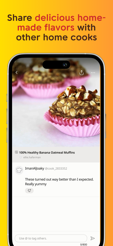 Cookpad Recipes, homemade food - Interface de l'application Cookpad présentant une recette saine de muffins à l'avoine et à la banane, avec des commentaires de la communauté et une photo d'un utilisateur.