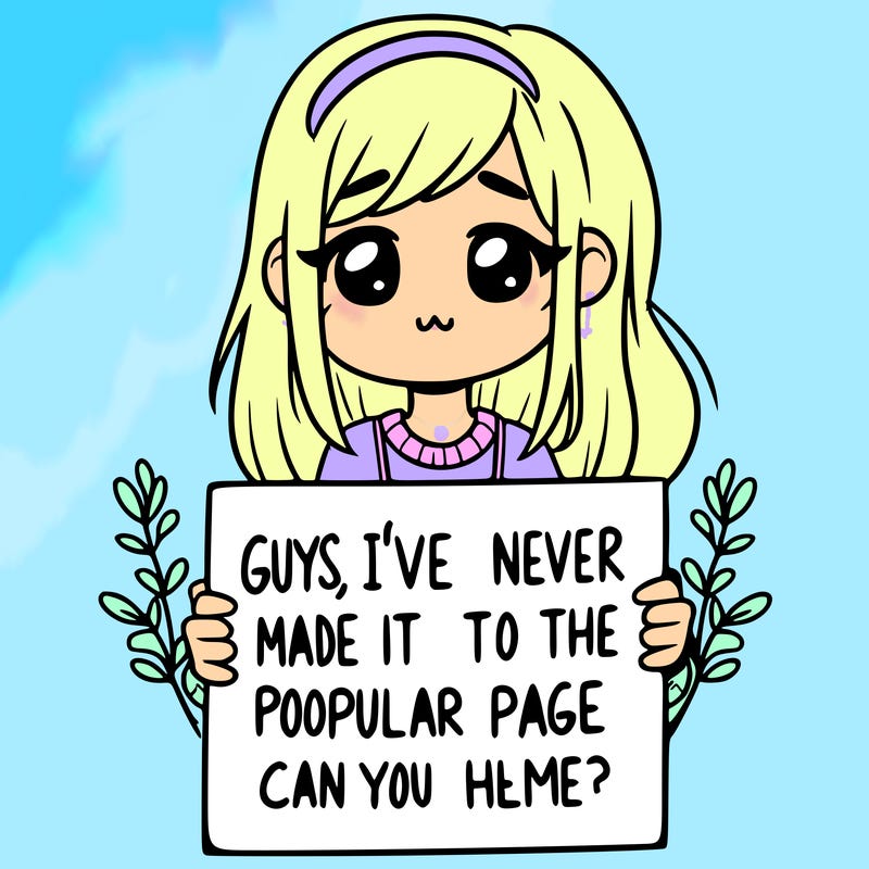a girl holding up a sign that says, guys, i’ve never made it to the popular page, can you help me?