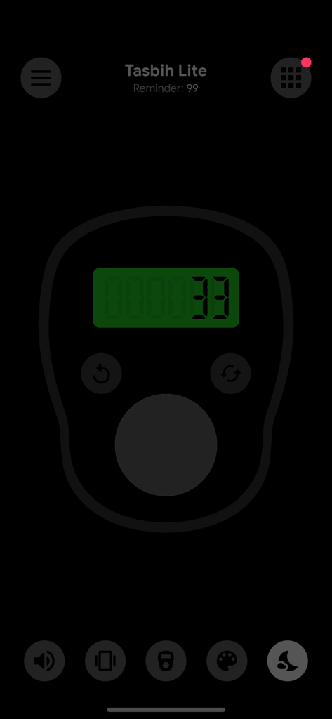 Digital tasbih counter interface showing a count of 33 on a dark background
