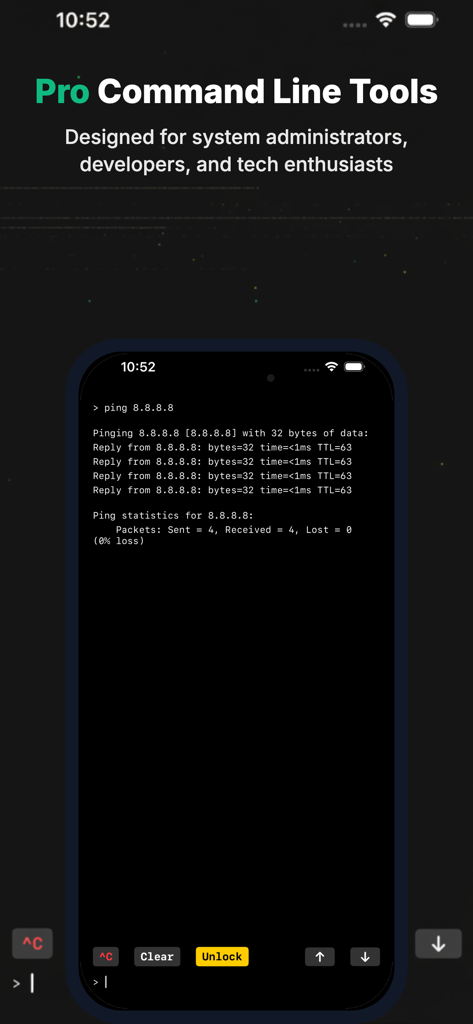 CMD: SSH, Terminal, DOS, Ping - Captura de pantalla de iPhone que muestra la interfaz de terminal de la aplicación CMD con el resultado de un comando ping