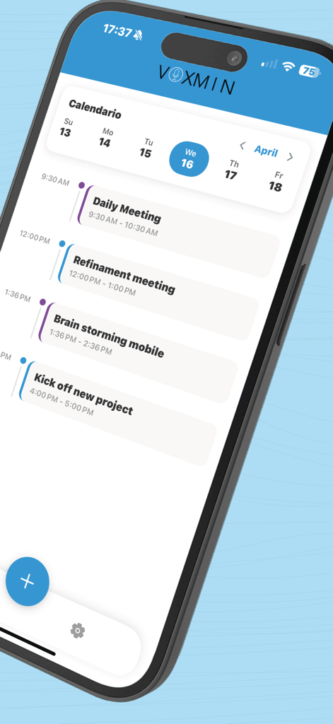Whisper AI: Voice to Text Pro - A mobile app interface displaying a daily schedule with various meeting titles like Daily Meeting and Brainstorming