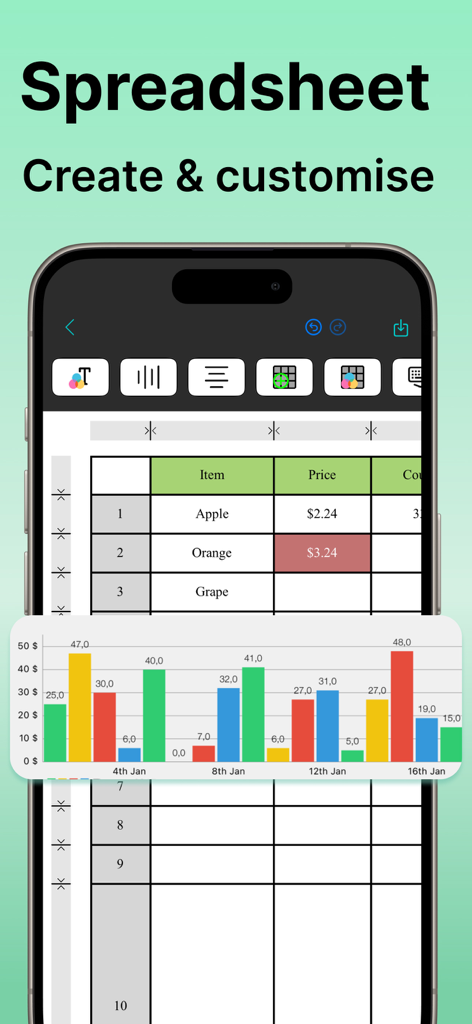 Edit Word Document with OffiX - Mobile view of OffiX spreadsheet editor showing a data table and a colorful bar chart on an iPhone