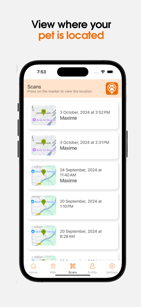 Gotcha! Lost & Found App - Smartphone screen showing a list of pet scan locations with maps and timestamps in the Gotcha Lost and Found App.