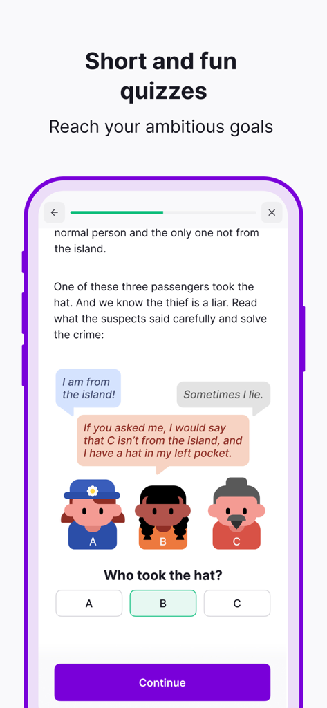 An interactive logic puzzle screen in the Nibble educational app featuring a riddle with three suspects.