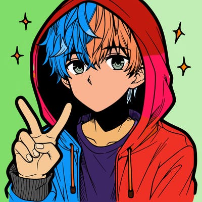 teenage manga boy in a hoodie, doing ✌