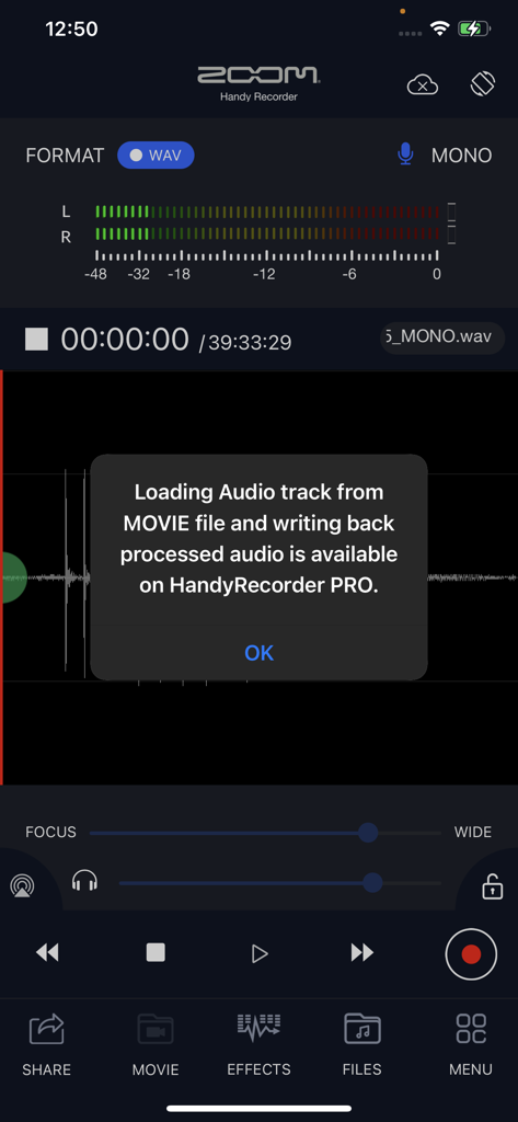 Screenshot dell'app HandyRecorder che visualizza un popup sulle funzionalità di elaborazione audio per film disponibili nella versione pro