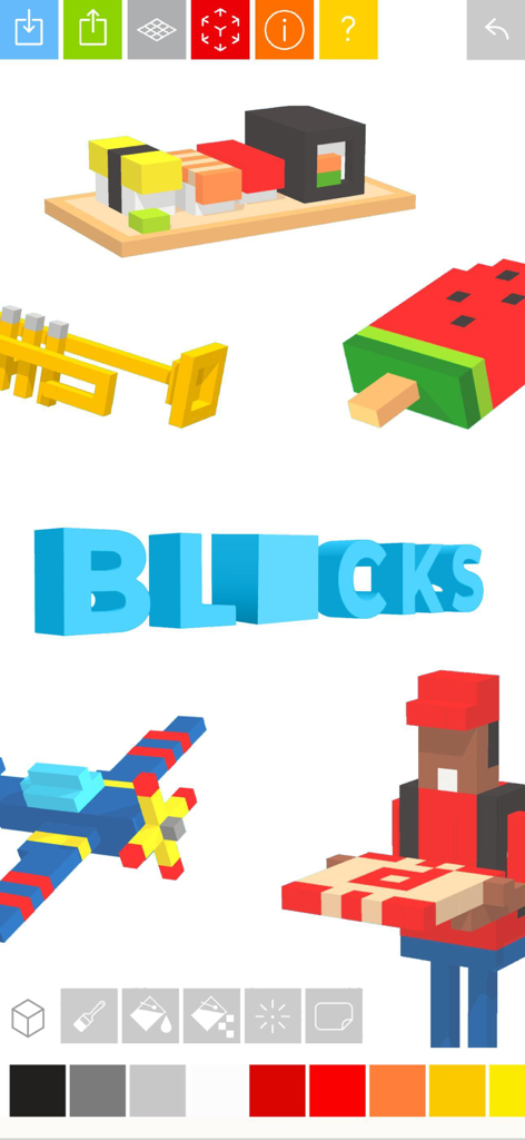 A creative 3D block building interface showing various voxel models including sushi a plane and a character