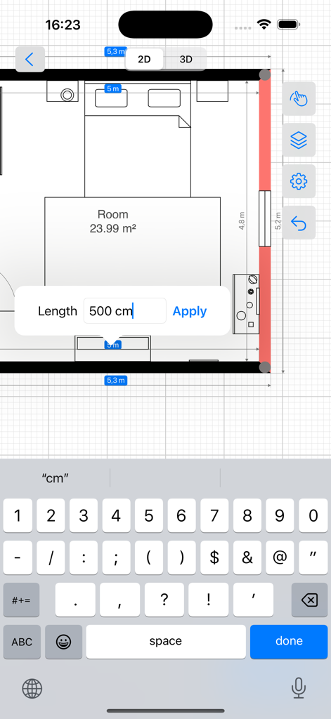 A 2D floor plan editor showing a bedroom layout with a custom dimension input field