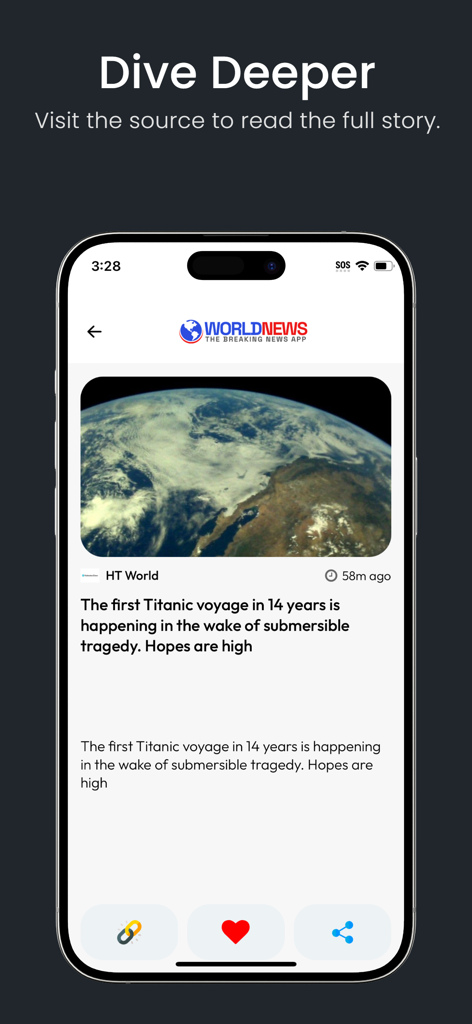 World News: Breaking News App - Pantalla móvil de la aplicación Noticias Mundiales que muestra un artículo de noticias resumido con opciones para visitar la fuente, guardar y compartir.