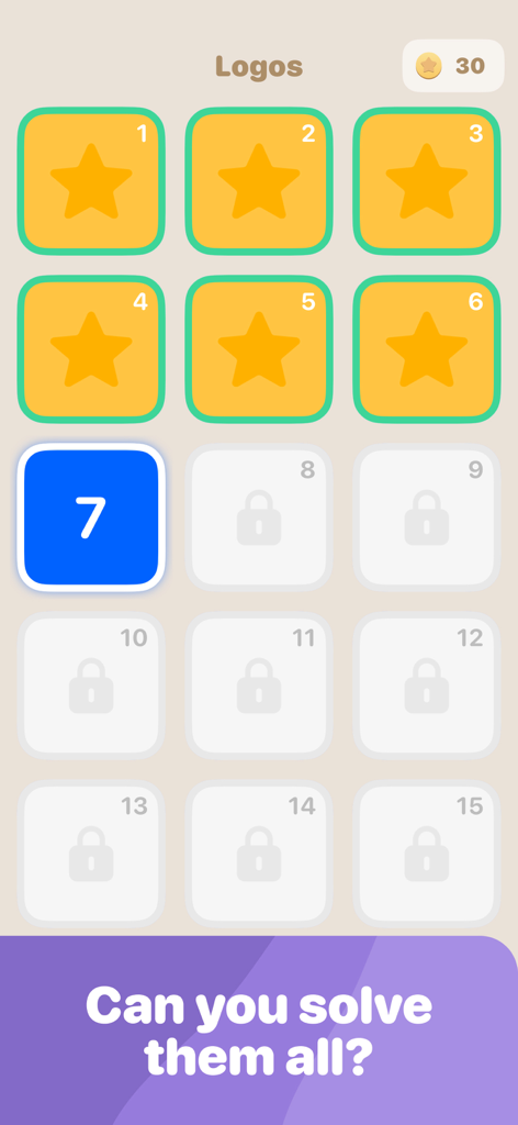 Logo Quest: Guess The Brand - Level selection screen for Logo Quest showing completed levels with stars and locked levels with icons