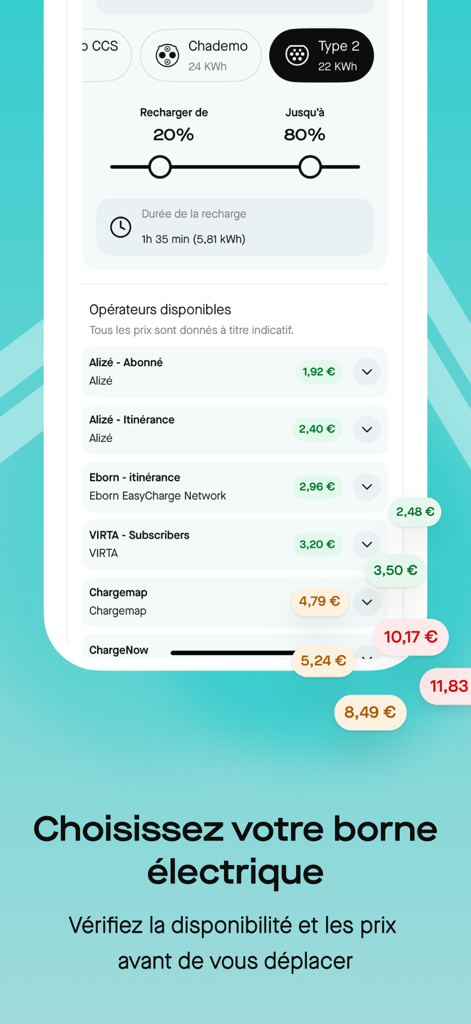 Roole Map interface displaying electric vehicle charging station options and prices in France