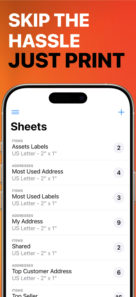 Label Maker - Print Master Pro - Bildschirm der App Label Maker Print Master Pro, der eine Liste gespeicherter Etikettenvorlagen und -bögen anzeigt.