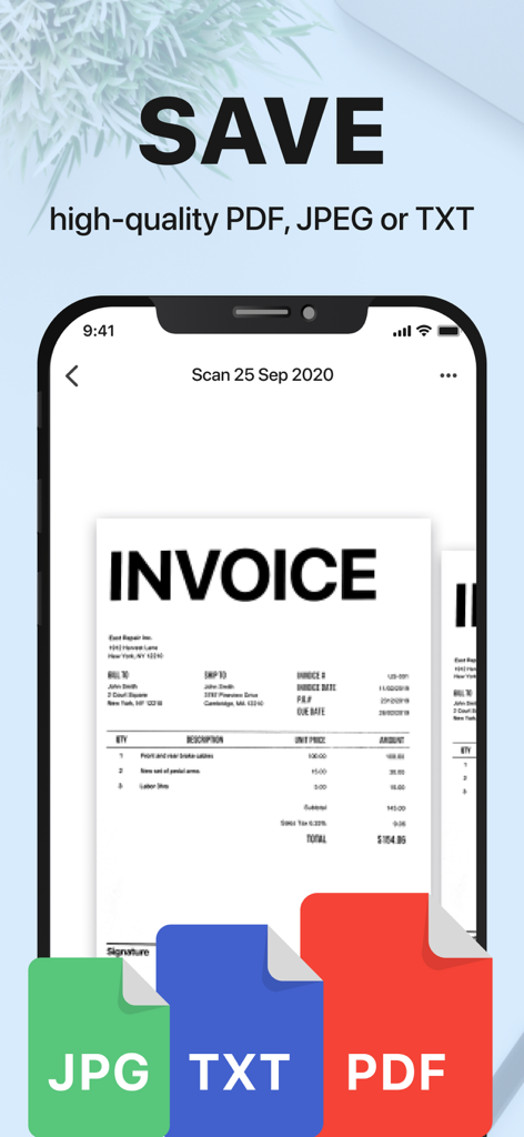 xScan : Document Scanner App - Una pantalla de smartphone mostrando la aplicación xScan guardando una factura como archivos PDF, JPEG o TXT de alta calidad