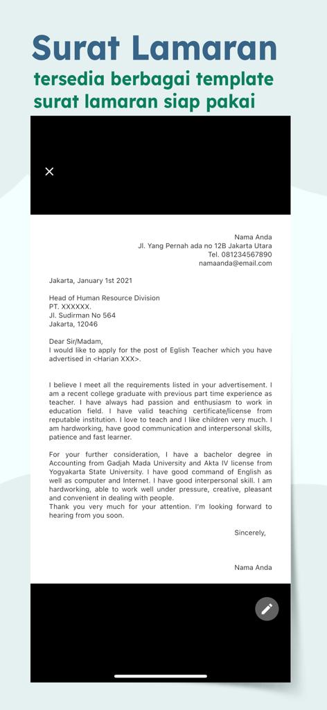 Lamaranku - A professional English cover letter template displayed on the Lamaranku mobile app interface.