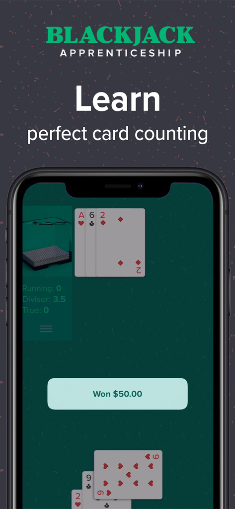 Blackjack & Card Counting Pro - Blackjack card counting trainer app interface showing card game and running count statistics