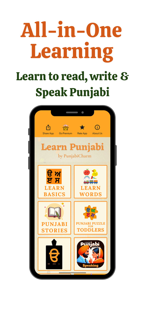 The home screen of the Learn Punjabi app displaying various learning modules like Learn Basics Learn Words and Punjabi Storiesパンジャーブ語学習アプリのホーム画面。Learn Basics、Learn Words、Punjabi Storiesなどの様々な学習モジュールが表示されています。
