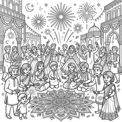 Immerse yourself in the vibrant spirit of Diwali with this intricate coloring page. It captures a joyous gathering of people celebrating the Festival of Lights amidst dazzling fireworks and traditional rangoli patterns.