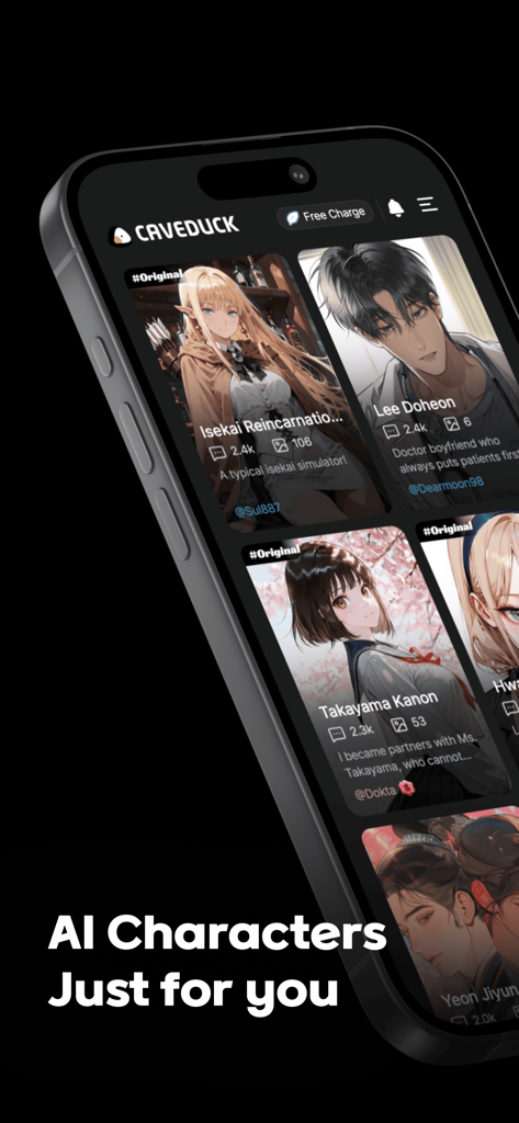 Caveduck-Meet Your AI Friends - Caveduck app interface showing a list of anime-style AI characters for roleplay and chat.