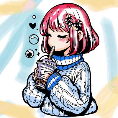 manga girl drinking boba in cozy sweater
