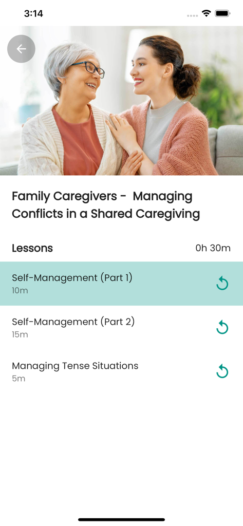 Nevvon - Nevvon mobile app interface displaying a caregiver training course titled Managing Conflicts in a Shared Caregiving with a list of lessons and durations