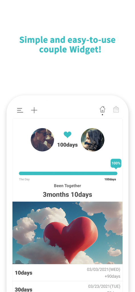 Couple Widget : Love Countdown - Interface of Couple Widget app displaying days together counter with couple photos and anniversary milestones
