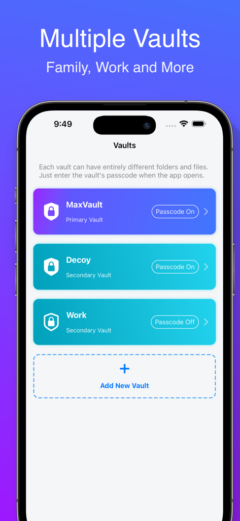 MaxVault - Photo & Video Vault - MaxVault app interface showing multiple secret vaults for personal work and decoy folders