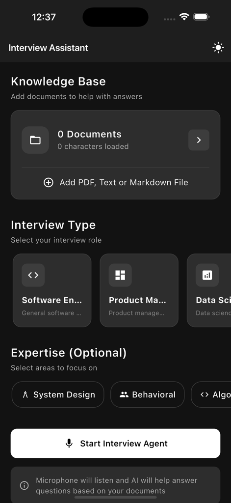Interview Ai Assistant - Interfaz de la aplicación Asistente de Entrevistas IA en modo oscuro mostrando opciones para seleccionar roles de entrevista como Ingeniero de Software y subir documentos de currículum