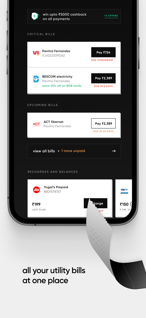 CRED: UPI, Bills, Credit Cards - CRED mobile app screen displaying various utility bills and recharge options in a centralized dark mode interface