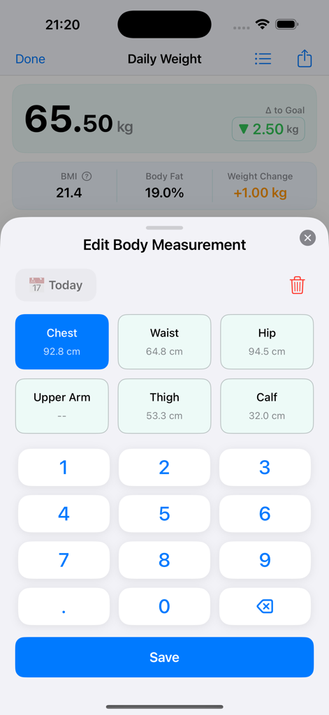 16:8 Fasting & Weight Tracker - Body measurement tracking interface in xWeight app for logging chest waist and hip size