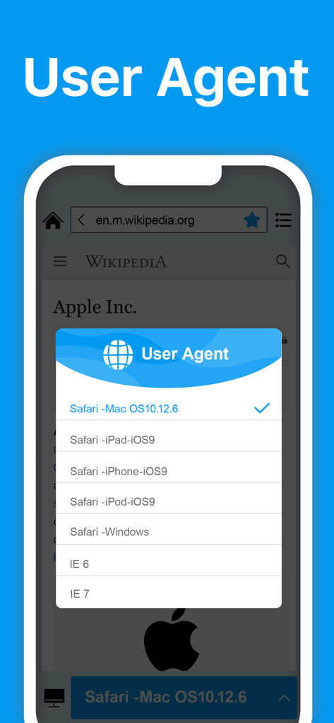 Desktop PC Browser - Desktop PC Browser app user agent selection screen showing various browser options