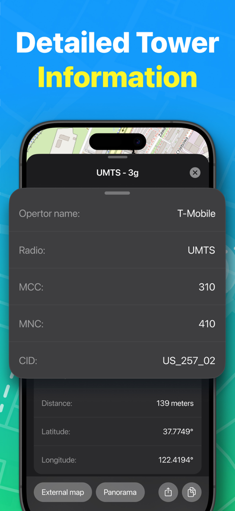 Interface do aplicativo móvel exibindo informações técnicas detalhadas para uma torre de celular T-Mobile incluindo tipo de rádio e coordenadas de localização
