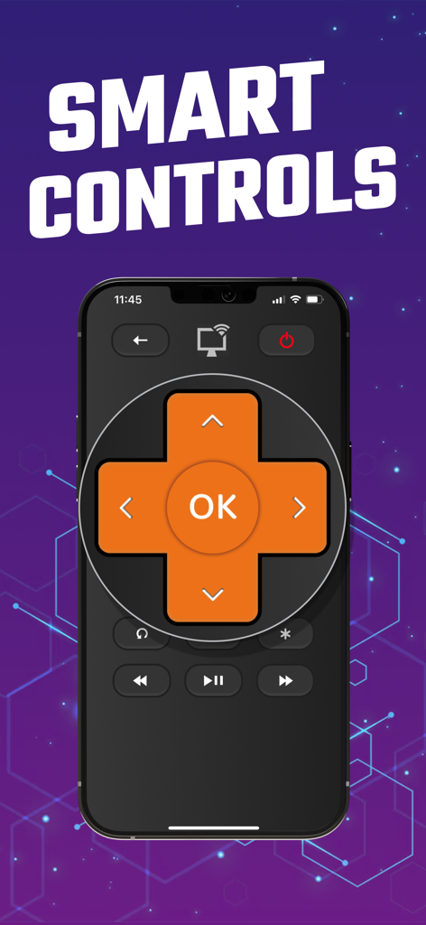 iPhone screen showing Rokumote app with orange d-pad and smart TV controls