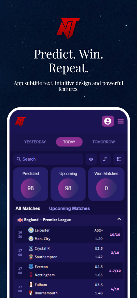 Dashboard of NerdyTips AI betting app showing soccer match predictions for the Premier League.