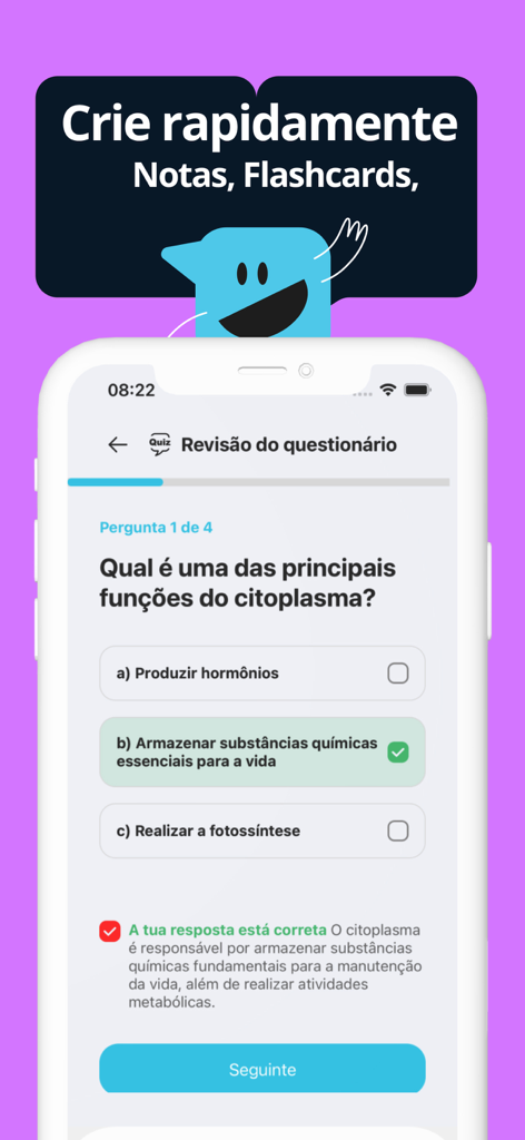 Janda.IA - Tela de quiz do aplicativo móvel Janda IA mostrando uma pergunta e feedback de estudo