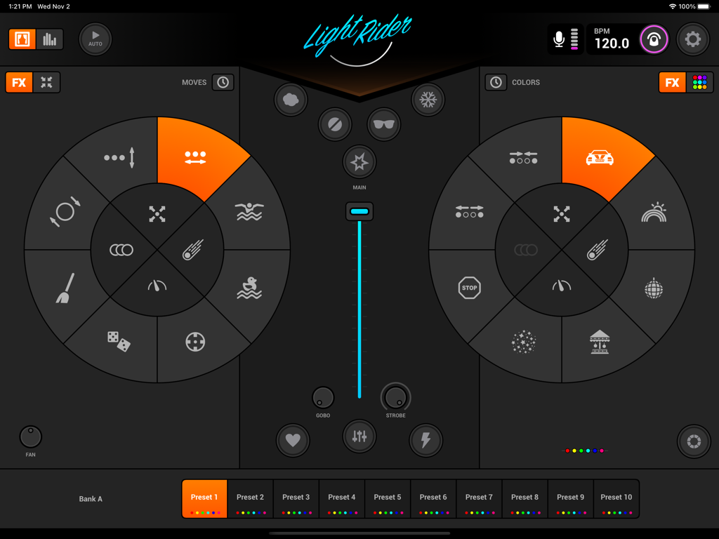 Interfaz de la aplicación de control de luces DMX Light Rider que muestra las ruedas de efectos de movimiento y color y los botones preestablecidos.