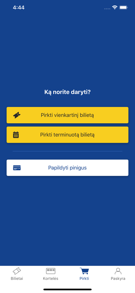 e.Ticket Klaipėda - The e.Ticket Klaipeda app interface displaying options to buy single or period transit tickets and top up balance.