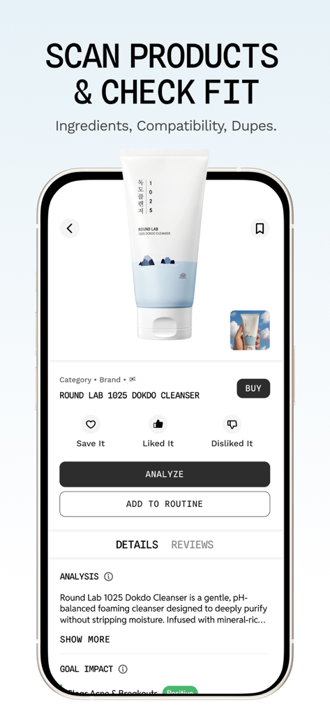 Venus: Personal K-Beauty Coach - Venus app interface showing K-beauty product analysis and scanning features.