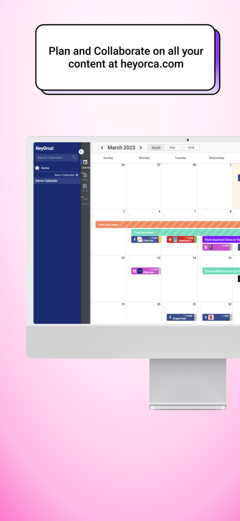 HeyOrca desktop view showing a social media content planning calendar.