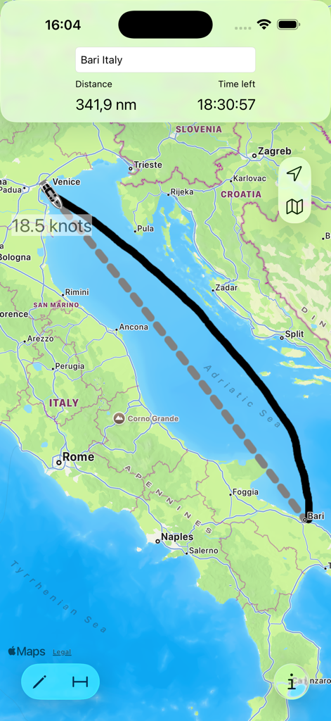 Cruise Nav - Cruise Nav app interface showing a maritime route from Venice to Bari in the Adriatic Sea with speed and time remaining indicators.