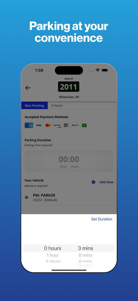 A mobile phone displaying the MKE Park app interface for setting parking duration in Milwaukee
