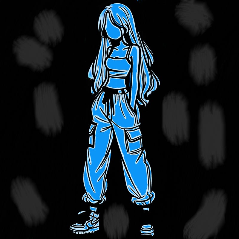 girl in baggy pants crop top and long hair