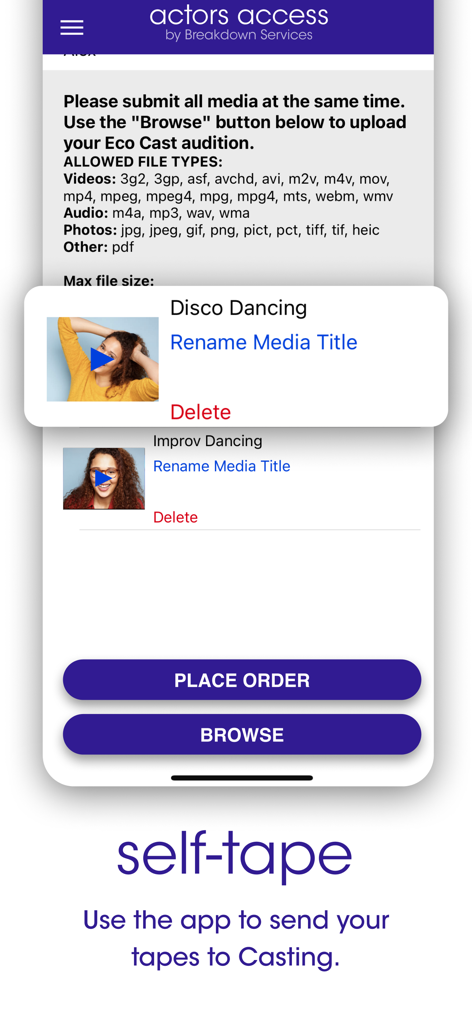 Actors Access app screen for uploading self-tape audition videos with options to browse and submit media files.